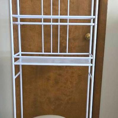 Bathroom White Shelving Unit, Scale And Stool
