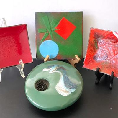 Vintage Georgetown Pottery, Ikebana Vases with Copper Enamel Dish and Trivet