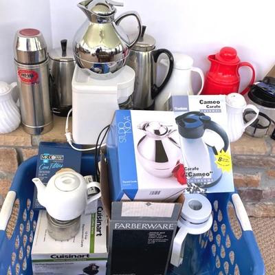 Large Assortment of Coffeepots and Carafes with Dansk Teapot