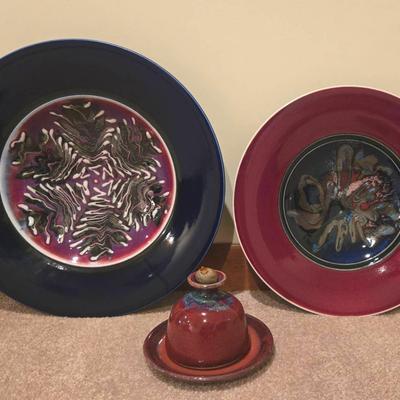 Decorative Glazed Pottery Bowls with 4.5" Oil Lamp By Thomas Kerns, Pigeon Forge 2008, Signed