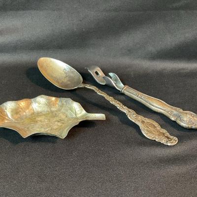 Sterling Silver Spoon, Bottle Opener And Leaf Dish