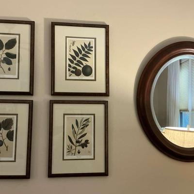 4 Botanical Prints And Round Mirror 