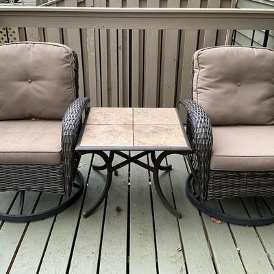Two Swiveling Rocking Outdoor Chairs + Table 