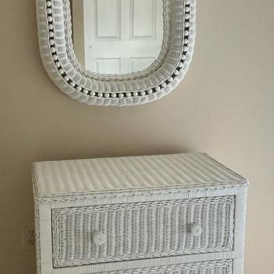 White Wicker Chest of Drawers & Wall Mirror