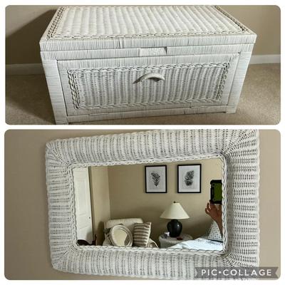 White Wicker Blanket Chest & Wall Mirror