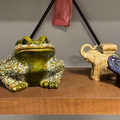 Signed Pottery Frogs And Ceramic Elephants