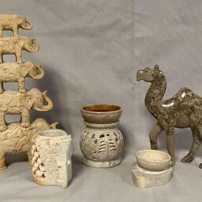 Soapstone Candle Holders, Stacked Elephants And Polished Stone Camel