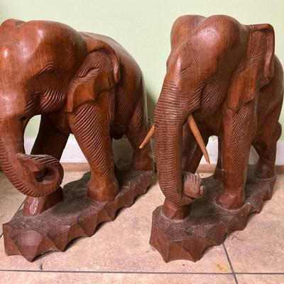 Two Wood Carved Elephants 