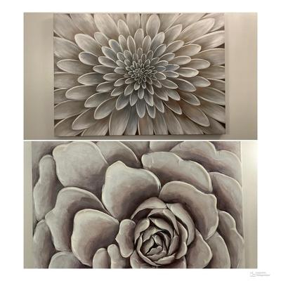 Textured Canvas Greige Floral Prints Pair