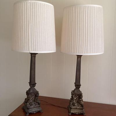 Pair Of Heavy Cherub Table Lamps