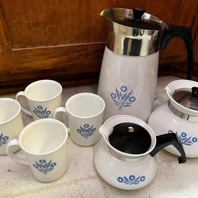Vintage Cornflower Blue & White Coffee & Tea Pots W/Mugs
