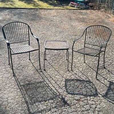 (3pc) ARM CHAIRS & SIDE TABLE | Pair of armchairs with a side table Dimensions: h. 33 x w. 26 x l. 22-1/2 in

