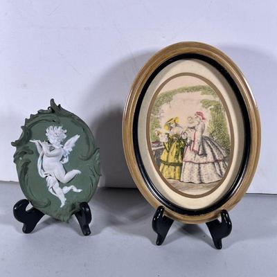 Porcelain Plaque & Framed Print. | Porcelain plaque of cherub (5.5 x 3.75). Marked on back. Dimensions: h. 7.5 x w. 5.5 in (Largest)

