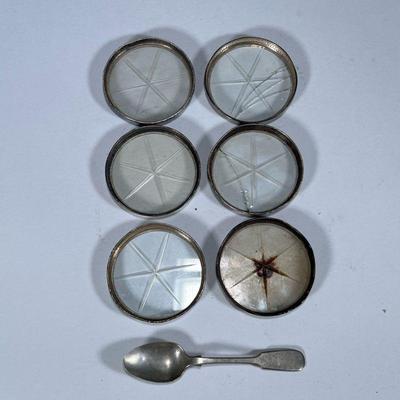 (7pc) STERLING SILVER ITEMS | Including: Cut crystal coasters with sterling silver border marked “Sterling” and sterling silver spoon...