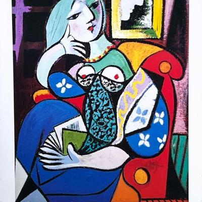 PABLO PICASSO POSTER | Woman with Book Framed poster 25.5 x 19 in. Sight Labeled on top Dimensions: h. 31.75 x w. 23.25 in (Frame)

