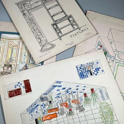 (3pc) ARTISTIC ARCHITECTURAL DRAWINGS | Including “Renaissance Fireplace textures” sketch; Greenhouse architectural sketch, and overhead...