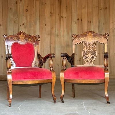 (2pc) NEAR PAIR INLAY MOTHER OF PEARL ARMCHAIRS | Dimensions: h. 41 x w. 25 x l. 28 in

