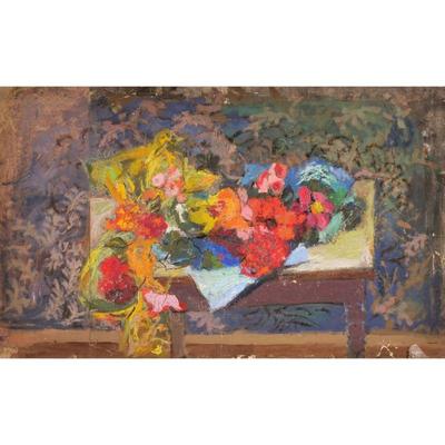 MIXED MEDIA STILL LIFE SKETCH | Still life with flowers Oil on paper laid on board No apparent signature Dimensions: h. 14.5 x w. 22.75...