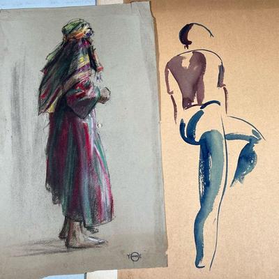 (2pc) JAMES YOE SKETCHES | Sketches of female figures, one pastel, one watercolor, both signed on bottom, unframed Dimensions: h. 20 x w....