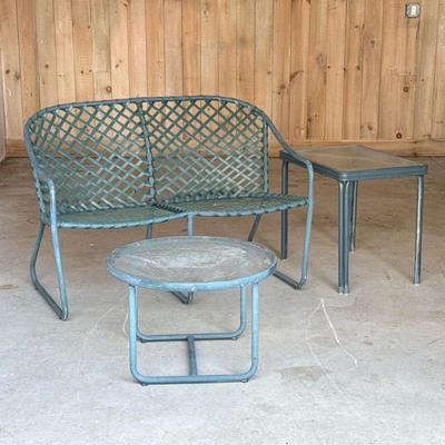 (3pc) OUTDOOR BENCH & Tables | Bent aluminum tube bench with woven seats, rectangular glass top table, and round glass top table...