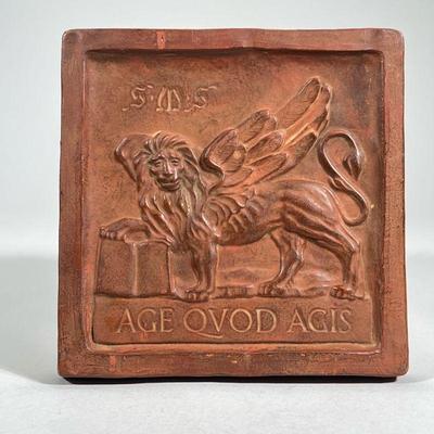 CHINESE TERRACOTTA TILE | Terracotta tile with Roman imagery, signed on back in Chinese Dimensions: w. 6 x l. 6 in.

