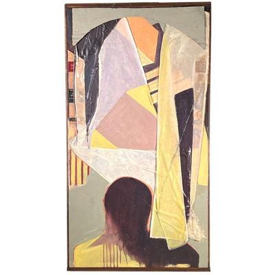 MIXED MEDIA ARTWORK | Mixed media artwork featuring oil paint, cloth, cardboard, and book spines in wood frame Dimensions: h. 45.5 x w....