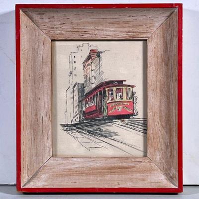 STREETCAR SKETCH | Small colored sketch of a streetcar; 5.5 x 4.5 in. Sight Dimensions: h. 8.75 x w. 7.75 in (frame)