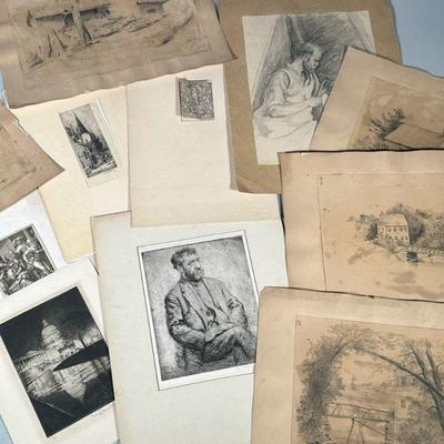 MIXED ETCHINGS & DRAWINGS | Mixed lot of antique etchings, drawings, artistic studies, portraits, and more!

