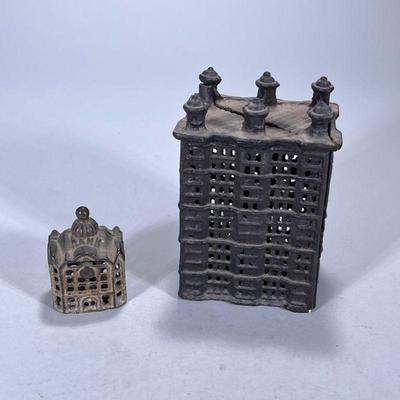 (2pc) Cast Iron Still Banks | Architectural still bank Dimensions: h. 6.25 x w. 4.25 x d. 3.25 in