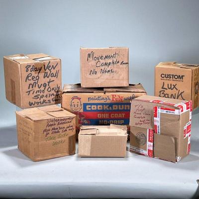 Group Misc. Clock Parts | Boxes of various clock movements and other clock parts