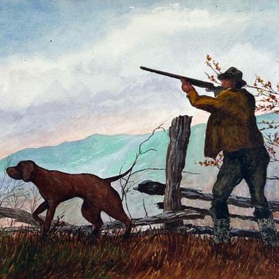 HUNTING DOG WATERCOLOR | Hunting dog Watercolor on paper 9 x 12 in. Sight Initialed lower right, unframed Dimensions: h. 15.5 x w. 20 in

