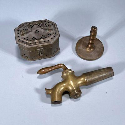 (3pc) MISC. BRASS PIECES | Including: lidded brass box, brass spigot, and other brass item Dimensions: h. 3.5 x w. 4 x l. 5 in