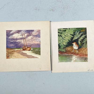 (2pc) MINIATURE WATERCOLORS | Set of 2 miniature watercolors, one of a bird, one of a shipwreck on a beach, both initialed on bottom;...