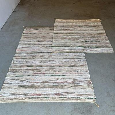 (2pc) KNOTTED AREA RUGS | Large & small knotted area rugs with beige patterns and flashes of green & pink. Dimensions: w. 60 x l....