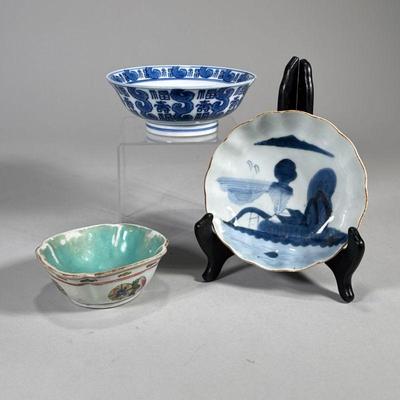 (3pc) Chinese & Japanese Porcelain | Including a Japanese style blue and white dish with scalloped rim and landscape scene, a dish...