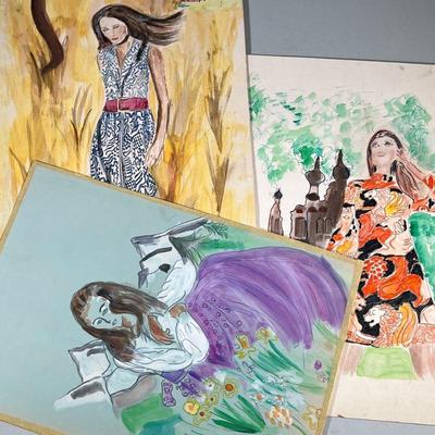 (3pc) FEMALE ARTWORK | Various sketches and watercolors of female figures in various locations, positions, and clothing . - w. 14.5 x l....
