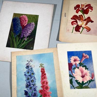 (4pc) FLORAL WATERCOLOR STILL LIFE’S | Lot of 4 unframed flower still life’s signed watercolors by the same artist, signed on bottom;...