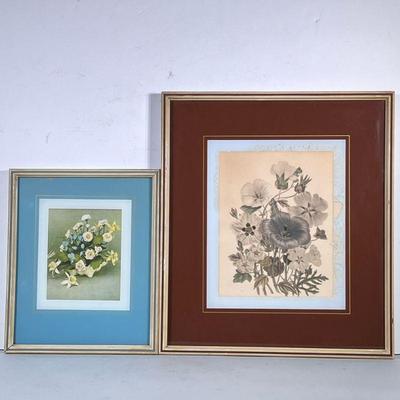 (2pc) FLORAL PRINTS | Set of 2 framed prints of flowers; 9 x 7 in. Sight Dimensions: h. 16.75 x w. 14.75 in (larger)