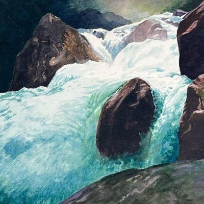 WATERFALL WATERCOLOR | rapids Watercolor on Paper 9 x 12 in. Sight initialed Lower right, unframed Dimensions: h. 15 x w. 20 in

