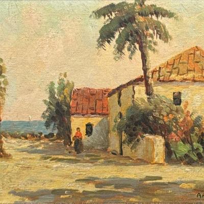 AMATO OIL PAINTING | Caribbean home Oil on canvas 7.25 x 9.25 in. sight Signed lower right - w. 14.5 x l. 16.5 in (frame)


