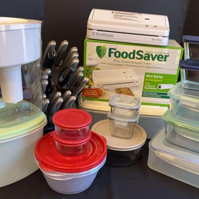 Food Saver Home Packaging System, Knife Set In Rack And Glass Pyrex Storage With Lids 