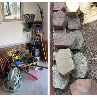 Pavers, Wheelbarrow, Yard Tools, Hoses And Painting Supplies