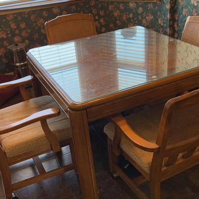 Mid-Century Square Table With Glass Top And Four Rattan Back Chairs On Wheels