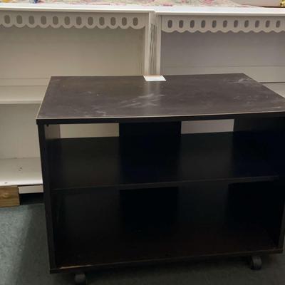Two White Shelving Units & Small TV Shelf On Wheels