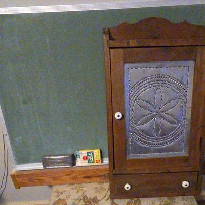 Salem Curio Co. Cabinet, Vintage Chalkboard & Bench