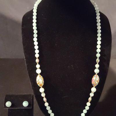 Green Beaded Gemstone Necklace & Earrings Set 
