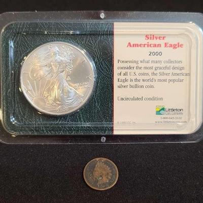 2000 Silver American Eagle Dollar & Indian Head Penny