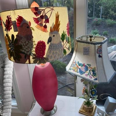 Anthropologie Cockatoo lampshade and Antique lamp with embroidered lampshade