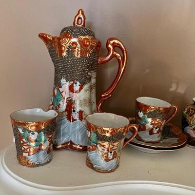 Kutani Ware tea set : chocolate pot + 3 cups/saucers