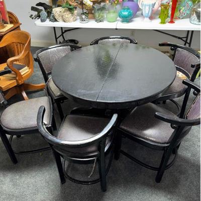 Painted wooden table & 6 modern wood chairs